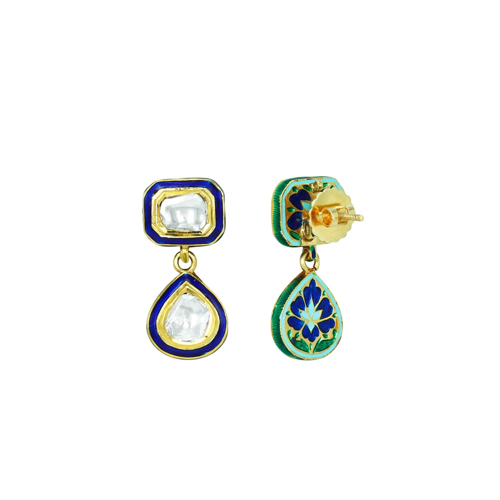 Square and Teardrop Polki Earrings with Blue Meena